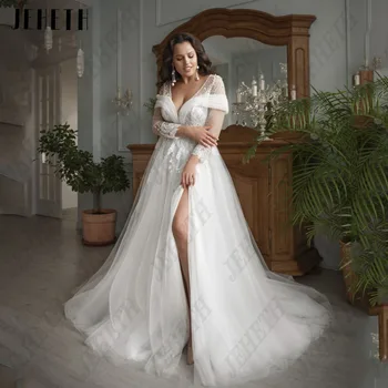 JEHETH Modern Uzun Kollu düğün elbisesi Derin V Yaka Fermuar Gelin Törenlerinde Tül A-Line Aplike Artı Boyutu vestidos de novia