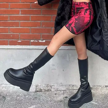 Kadın Moda bağcıksız ayakkabı Siyah Moda Platformu Tıknaz topuklu Biker Motosiklet Buzağı Çizmeler
