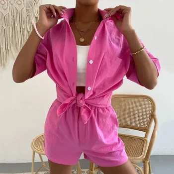 Kadın Pijama 2 Parça Setleri Rahat Kısa Kollu Yaka Gömlek Üstleri Ve Mini Şort Takım Elbise 2023 Yaz Kadın Düz Gecelik Kıyafetler