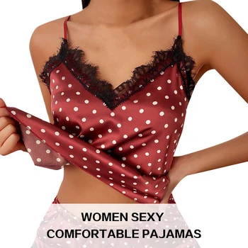 Kadın Pijama Seksi Saten Pijama Seti Rahat nefes alan iç çamaşırı Siyah Dantel V Yaka Pijama Kolsuz Cami Üst ve şortlar