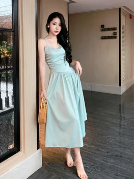 Kadın Sahil Tatil Aç Geri Seksi Strappy Elbise 2023 Yeni Stil Zarif Ve Kıdemli Saten Tasarım Hissi Uzun Etek