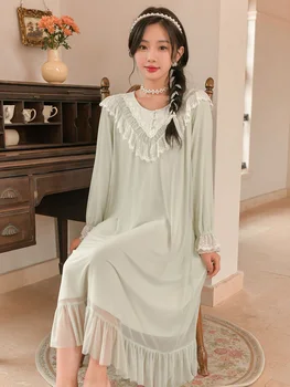 Kadın Sonbahar Uzun Kollu Ruffles Örgü Tatlı Kız Peri Victoria Nightgowns Modal Pijama Vintage Prenses Pijama Gecelik