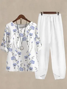 Kadın Takım Elbise 2023 Yeni kadın Rahat Yuvarlak Boyun Yarım Kollu Dijital Baskılı Gömlek Ve Beyaz Pantolon kadın İki Parçalı Set Kıyafetler
