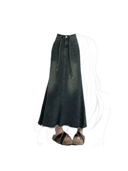 Kadın Vintage Uzun Kot Etek Moda Kore Tarzı A-Line Etek Harajuku Streetwear Y2k 90s Estetik Zarif Jean Etek 2023