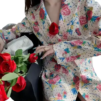Kadın Çiçek Baskı Blazers, Uzun Kruvaze Ceket, Zarif Gevşek Ceketler, Rahat Kadın Giyim, İlkbahar ve Sonbahar Üstleri