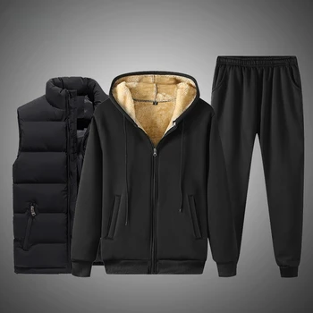 Kuzu Yün Eşofman Kış erkek Polar 3 Parça Set Kalın Artı Kadife Sıcak Hoodies Kazak + Pantolon + Dış Giyim Setleri Gevşek Rahat