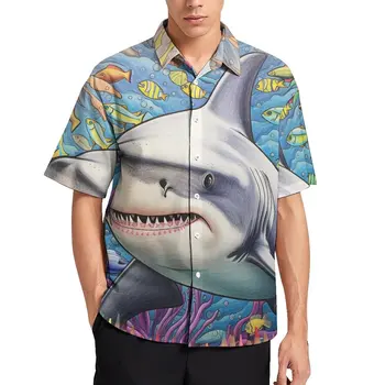 Köpekbalığı Casual Gömlek Renkli Karikatür Kalem Sanat Tatil Gömlek Hawaii Estetik Bluzlar Erkek Baskı Artı Boyutu