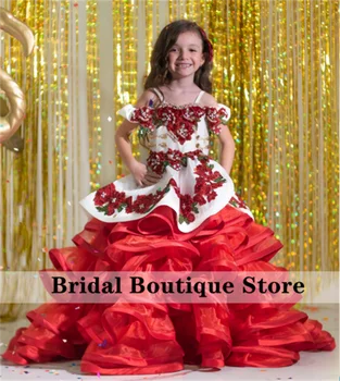 Kırmızı Mini Quinceanera Elbise Balo Yay Aplikler Kristaller İnciler Boncuk Çiçek Kız Elbise Düğün İçin Sevimli Bebek Elbise