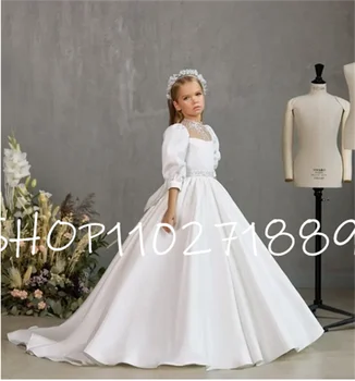 Kızlar düğün elbisesi Prenses Beyaz Saten Prenses Bir Çizgi Çocuklar Vintage İlk Communion Elbise Çocuk Kıyafet Boyutu 1-16Years