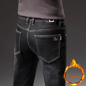 Kış Kalın Artı Kadife Erkekler Orta bel Skinny Jeans Basit Polar Sıcak Slim fit Streç erkek Rahat Kot Kalem Pantolon