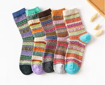 Kış Kalınlaşmış Ve Sıcak kadın Tavşan Yün Çorap Dalga Çizgili Çiçek Etnik Tarzı Çorap 5 Çift Termal Çorap Kadınlar için