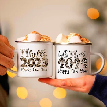Leopar Hello 2023 baskılı kupalar Kahve Fincanları Sonbahar Yeni Yıl Partisi şarap sürahisi Tatlı Kakao Kolu Emaye Fincan Aile için Hediye arkadaşlar
