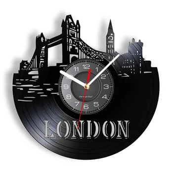 Londra Skyline Duvar Sanatı duvar saati İngiltere Londra Şehir Manzarası Vinil Kayıt duvar saati İngiltere Big Ben Manzara seyahat hediyesi Saat