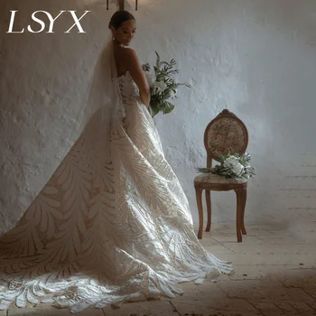LSYX Zarif Sevgiliye Straplez Dantel A-Line düğün elbisesi Kadınlar İçin Fermuar Geri Mahkemesi Tren gelin kıyafeti Custom Made