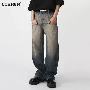 LUZHEN Moda Kişilik Cepler Süslemeleri Tasarım günlük erkek kot pantolon 2023 Sonbahar Moda Düz Orijinal Kot 055116
