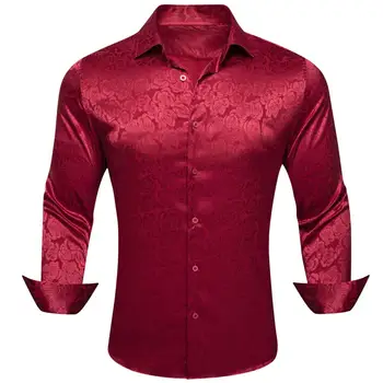 Lüks Gömlek Erkekler ıçin Ipek Uzun Kollu Bordo Kırmızı Çiçek Slim Fit Erkek Bluz Casual Tops Resmi Nefes Barry Wang