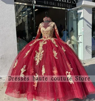 Lüks Kırmızı Dantel Balo Quinceanera Elbise 2023 Altın Boncuklu Aplikler Uzun Kollu Tatlı 16 Elbise Vestidos De 15 Quinceañeras