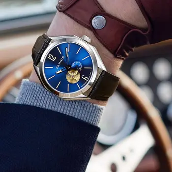 Lüks Marka Parnis 43mm Mavi Kadran Otomatik Mekanik erkek Saatler Safir Cam Deri Kayış Spor Erkek İzle reloj hombre