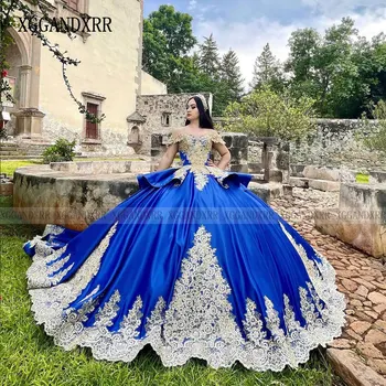 Lüks Mavi Quinceanera Elbise 2024 Prenses Balo Balo Tatlı 16 XV Yaşında Bayan Doğum Günü Elbise Uzun Tren Yarışmasında Meksika