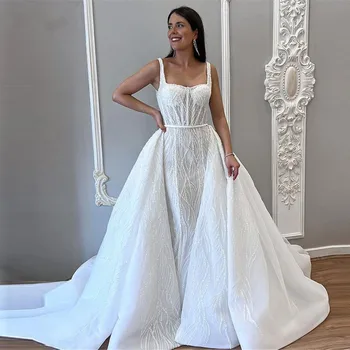 Lüks Sequins Mermaid düğün elbisesi Ayrılabilir Tren İle Spagetti Sapanlar Dubai Kadınlar Modern gelin kıyafeti 2024 Vestido De Noiva