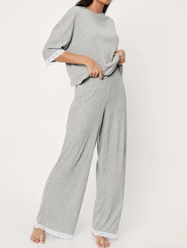 Lınad Gri Kadınlar İçin Pijama 2 Parça Setleri Örme Nervürlü O Boyun Yarım Kollu Dantel Pijama Kadın Pantolon Takım Elbise Sonbahar 2023