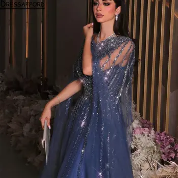 Mavi Illusion Kurdela Dubai A-Line Abiye O-Boyun Kristal Boncuk Suudi Arapça Örgün Parti Kıyafeti