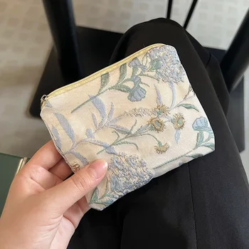 Mini Küçük Fermuarlı bozuk para cüzdanı Kadınlar Sevimli Çiçek Debriyaj Ruj Çanta Anahtar Cüzdan Bayan Pamuk Seyahat makyaj kutusu Çantası