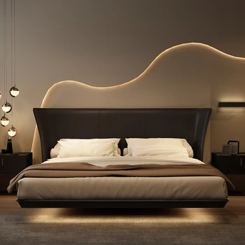 minimalist deri yatak küçük daire rüzgar siyah yüzen yatak modern minimalist çift ana yatak odası yatak evlilik yatağı