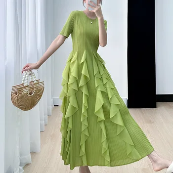 Miyake issey Miyake Pilili Şık Fırfır Uzun Parti Elbiseler Kadınlar için 2023 Yaz Zarif Yeşil O-boyun Kısa Kollu Kadın İnce Gece Elbisesi