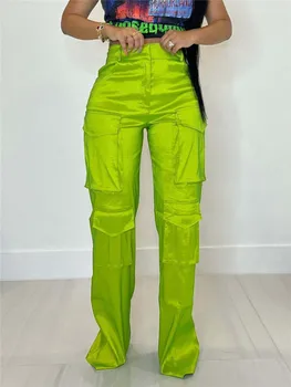 Moda Streetwear Kargo Pantolon Kadınlar İçin Yüksek Bel Çok Cepler Rahat Düz Pantolon Yeşil Hipster Vintage Geniş Bacak Pantolon