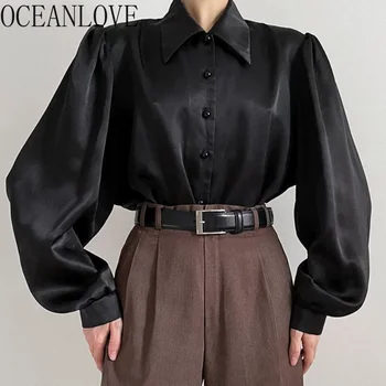 OCEANLOVE Puf Kollu Kadın gömlek ve bluzlar Katı Siyah Vintage İlkbahar Sonbahar Blusas Mujer Zarif Ofis Bayan Camisas Tops