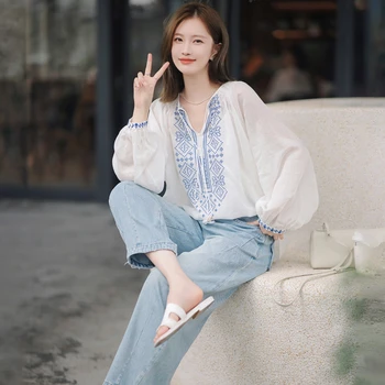 Pamuk Keten kadın Gömlek Yaz 2023 Yeni Çiçek Çin Tarzı Bluzlar Gevşek Uzun Kollu Üst Nakış Giyim YCMYUNYAN
