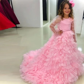 Pembe Boncuklu Çiçek Kız Elbise Illusion Uzun Kollu Ruffles Çocuk Pageant elbise Katmanlı Tül Balo Çocuk doğum günü partisi elbisesi