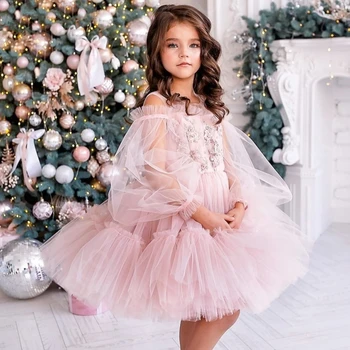 Pembe tüllü çiçekli kız elbisesi Yuvarlak Boyun Puf Uzun Kollu Balo Pageant Küçük Çocuk İlk Communion Prenses doğum günü partisi kıyafeti