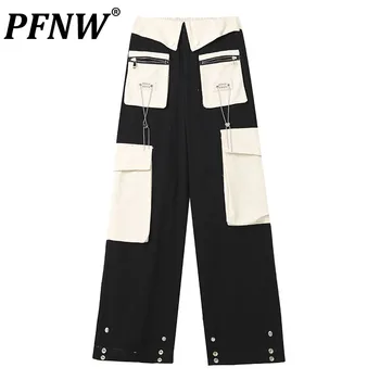 PFNW Çok Cepler Patchwork Kargo Pantolon Dikiş Renk Erkek Tulum Y2k Geniş Bacak Pantolon Safari Tarzı 2023 Şık Yeni 28W1114