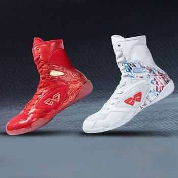 Profesyonel Erkek Kadın güreş botları Beyaz Kırmızı boks ayakkabıları Unisex Yüksek Kaliteli Boks Spor Ayakkabı Erkek güreş ayakkabısı