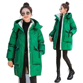 Saf Renkler Kapşonlu Uzun Parkas Cep Kadın Kalın Aşağı Pamuk Ceket Kadın Rahat Gevşek balon ceket Palto 2023 Kış