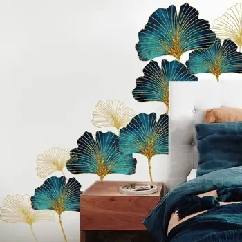 SATIŞ-Altın ginkgo yaprağı bitki yaprağı duvar çıkartmaları DIY oturma odası yatak odası arka plan duvar banyo cam duvar çıkartmaları, çıkartmaları