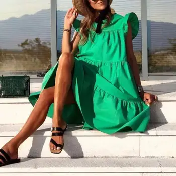 Sinek Kollu Midi Elbise Zarif Salıncak Hem Parti Elbise Yaz O-boyun Sinek Kollu Midi Fırfır Dikiş Büyük Boy Düz Renk