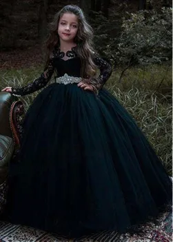 Siyah Uzun Kollu Çiçek Kız Elbise Düğün için Kristal Kanat Boncuklu Dantel Aplikler Pageant Törenlerinde Kızlar Çocuklar İçin resmi giysi