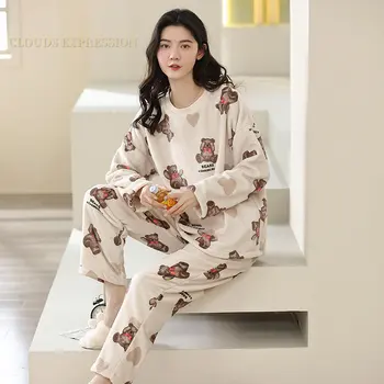 Sonbahar Kış Sıcak Pazen kadın Termal Pijama Setleri Kalın Mercan Polar Karikatür Ayı Pijama Pazen Kadın Pijama Moda