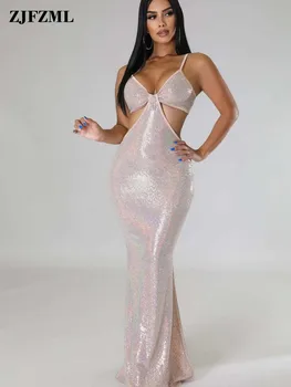Sparkly Pullu Mermaid Maxi Elbise Kadınlar Seksi V Boyun Spagetti Kayışı Bel Bandı Cut Out Trompet Vestido Kıyafeti Uzun Parti Elbise