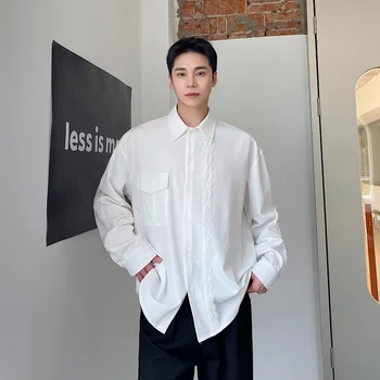 SYUHGFA erkek Yaka Gömlek 2023 Sonbahar Niş Tasarım Uzun Kollu Üst Gevşek Basit Yüksek Sokak Giyim Moda Stil Gömlek