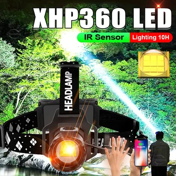 Süper Parlak Sensör LED Far XHP360 Şarj Edilebilir Zumlanabilir Başkanı El Feneri Güç Bankası Kafa Lambası Dahili 18650 Pil İle