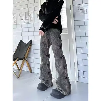 Sıkıntılı Çorak Stil Yıkanmış Pilili Bootcut Kot Erkekler için Amerikan Retro Yüksek Sokak Gevşek Geniş Bacak Pantolon Streetwear Erkekler