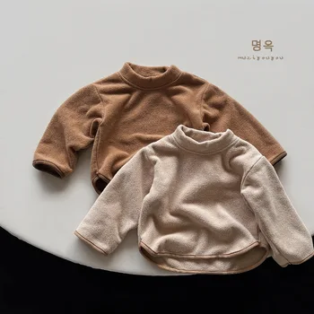 Toptan 2023 Kış Çocuk Polar Sıcak T Shirt Uzun Kollu Temel Üst Vintage Bebek Erkek Kız Mock Boyun Düz T Shirt