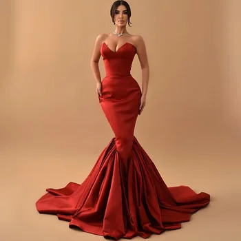 V Boyun Kırmızı Mermaid Abiye Draped Plise Saten Akşam Partileri ve Resmi Etkinlikler vestidos de fiesta elegantes para mujer