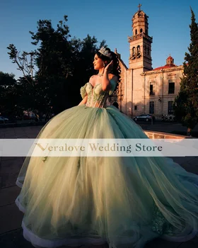 Veralove Quinceanera Elbiseler Kapalı Omuz Aplikler Boncuk Kız Tatlı 16 Elbise Vestidos De 15 Años