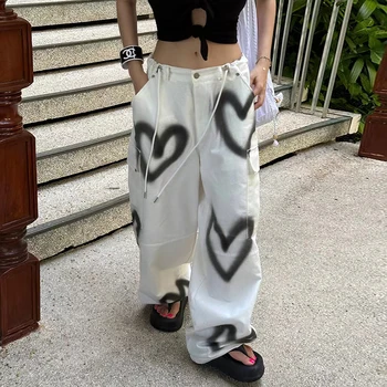 WDMSNA Moda Kişiselleştirilmiş İş Kot Kadın Sonbahar Kontrast Kalp Graffiti Uzun kot pantolon İpli Lace Up Geniş Bacak Pantolon