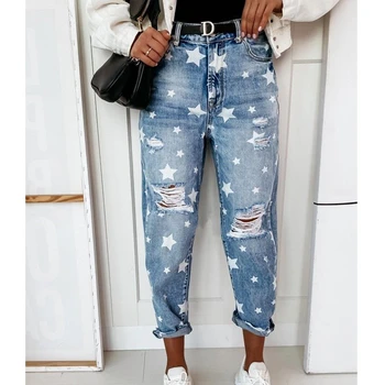 Wepbel Yıldız Desen Yırtık Kot Yaz Yıkanmış Denim Pantolon Kadınlar için Yüksek Bel Düz Kot pantolon Streetwear Kot